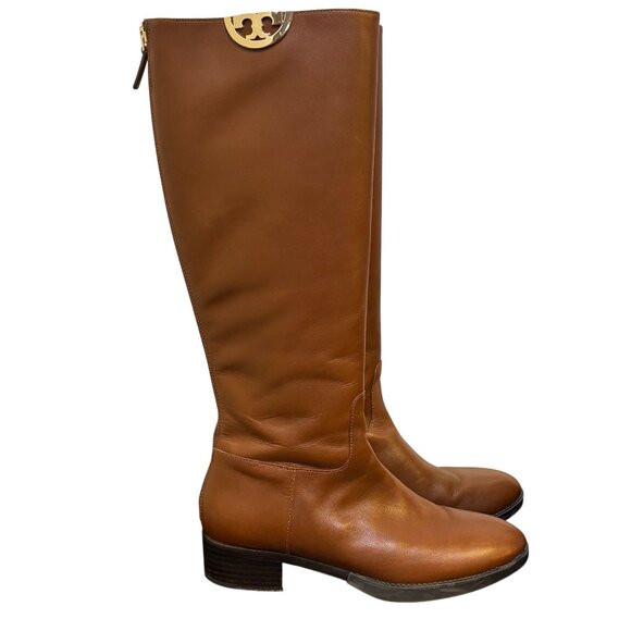Tory Burch Sidney Brown Knee-High Leather Boots Size 8 With Gold Logo Accent - Picture 5 of 12